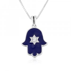 Necklace with Blue Enamel Hamsa Pendant and Star of David in Center - Sterling Silver