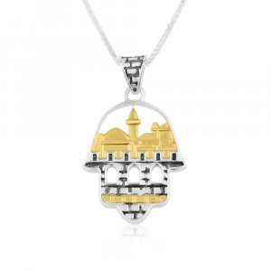 Necklace of Sterling Silver with Hamsa Pendant and Gold Plated Jerusalem Images