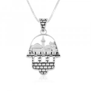 Sterling Silver Pendant Necklace - Jerusalem Images on Palm of Decorative Hamsa