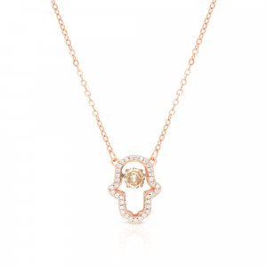 Sterling Silver Necklace, Rose Gold Plated  Hamsa Hand Pendant with Glittering Zircons