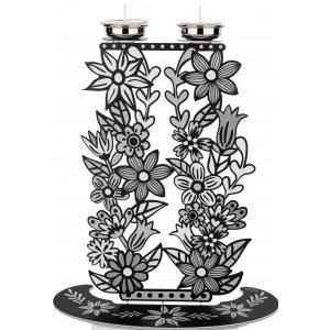 Shabbat Candlesticks, Tall Flowers and Leaves in Black, White & Gray - Dorit Judaica