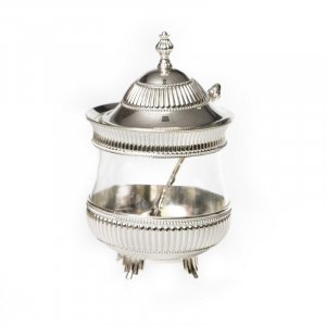 Silver Metal Honey Dish on Feet with Spoon and Lid - Stripe Design