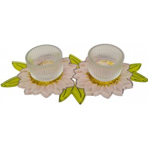 Pink and Green Chrysanthemum Small Lucite Shabbat Candlesticks - Dorit Judaica