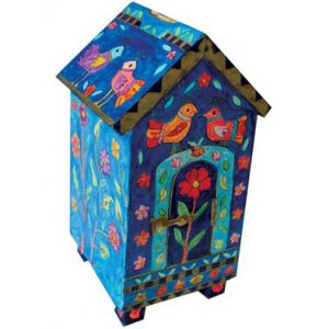 Blue House-Shaped Wood Tzedakah Charity Box - Birds & Flowers by Yair Emanuel