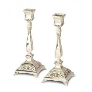 Raised Silver Plated Shabbat Candlesticks, Classic Engraved Design  Height 7.2"