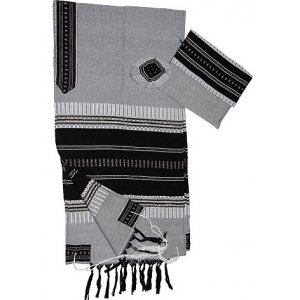 Handwoven Cotton Gray Prayer Shawl Set with Black and Silver Stripes - Gabrieli