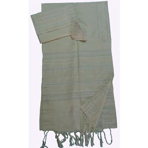 Handwoven Off-white Cotton Prayer Shawl Tallit Set Silver Stripes  Gabrieli