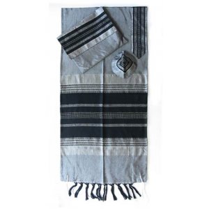 Handwoven Gray Silk Prayer Shawl Set with Black Stripes - Gabrieli