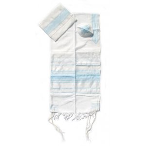 Handwoven White Silk Prayer Shawl Set with Light Blue Stripes - Gabrieli