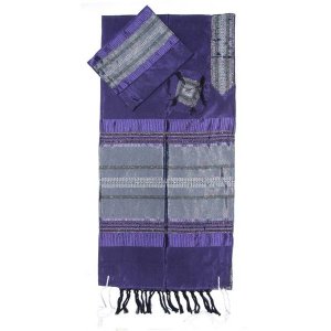 Purple Handwoven Silk Tallit Prayer Shawl Set with Silver Stripes - Gabrieli