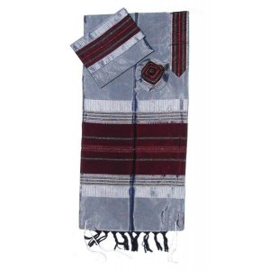 Handwoven Gray Silk Prayer Shawl Tallit Set with Maroon Stripes - Gabrieli
