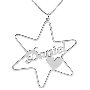 Silver Star Cursive English Name Necklace with Heart