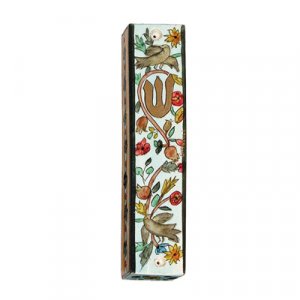 Small Hand Painted Wood Mezuzah Case, Birds and Pomegranates - Yair Emanuel
