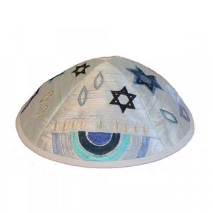 Embroidered Kippah with Judaica Symbols, Blue - Yair Emanuel