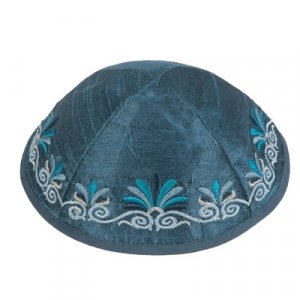Embroidered Kippah with Date Palm Design, Blue - Yair Emanuel