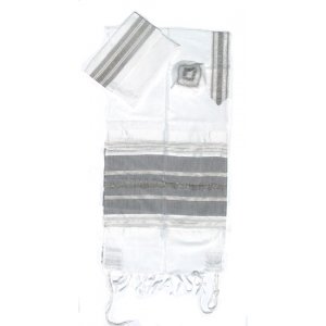 Handwoven White Silk Prayer Shawl Set with Black and Silver Stripes - Gabrieli