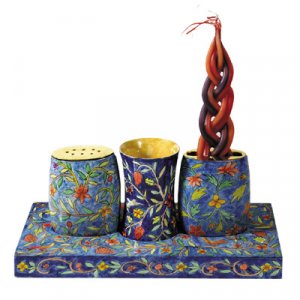 Shabbat Candles and Havdalah Set, Hand Painted Wood with Oriental Motif - Yair Emanuel