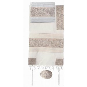 Hand Embroidered Cotton Tallit Set in Silver, Flowers and Matriarchs - Yair Emanuel