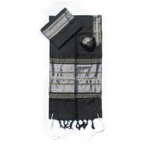 Black Handwoven Silk Prayer Shawl Set with Silver Stripes - Gabrieli