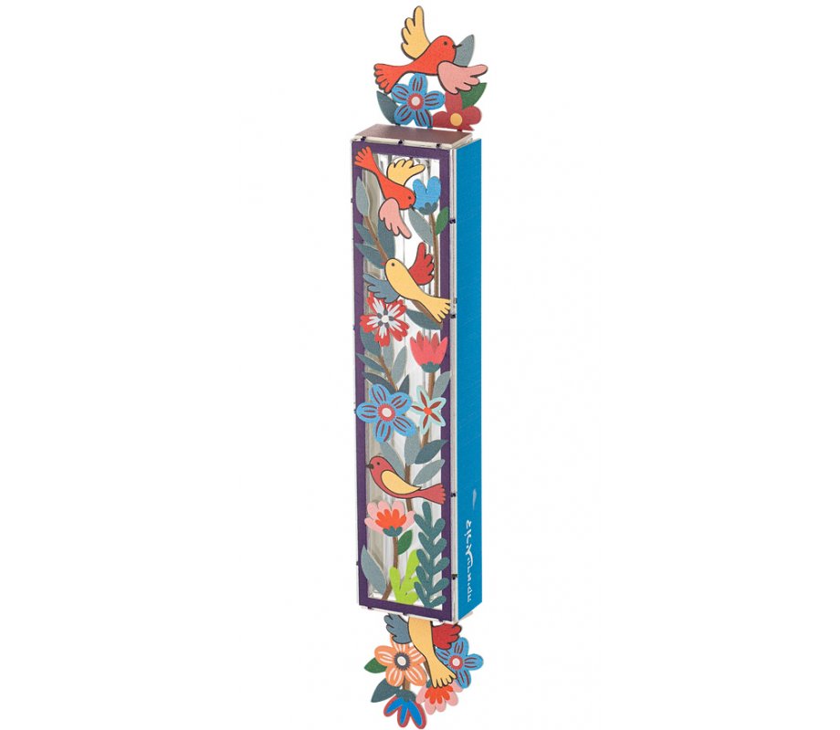 Acrylic Mezuzah Case, Colorful Birds and Flowers Design - Dorit Judaica