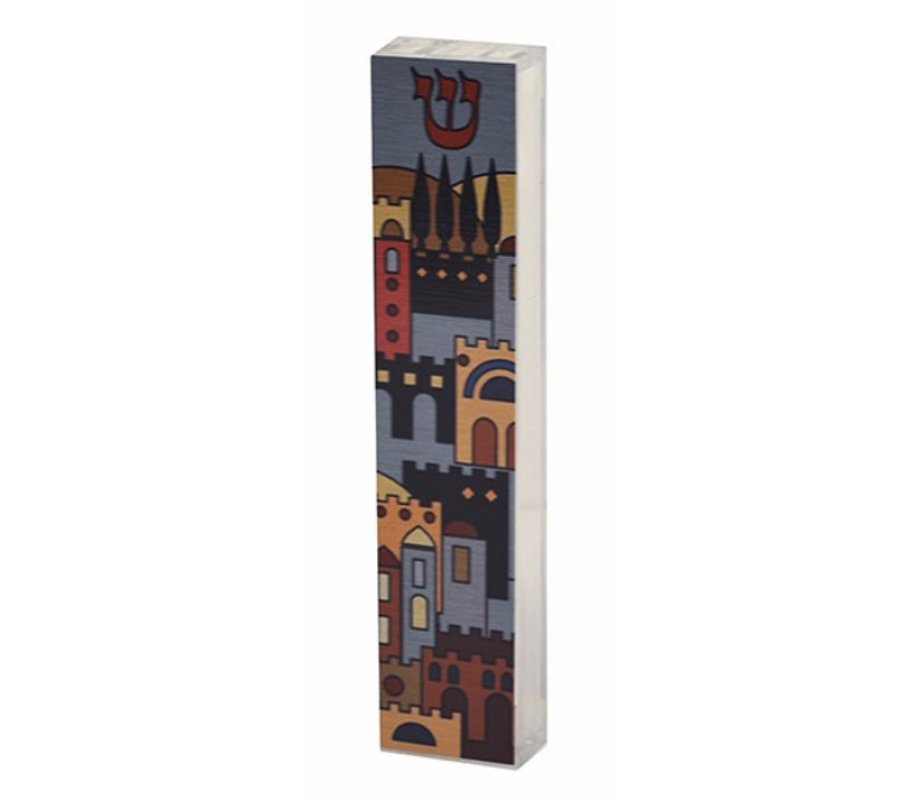 Acrylic Mezuzah Case, Colorful Jerusalem Design - Dorit Judaica
