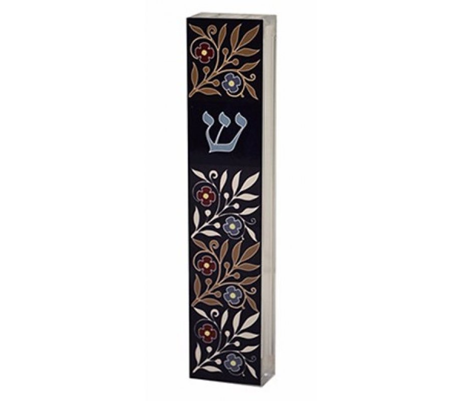 Acrylic Mezuzah Case, Flowers on Blue Design - Dorit Judaica