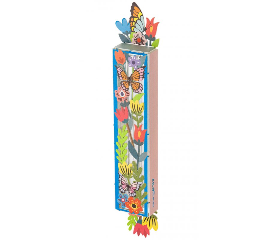 Acrylic Mezuzah Case, Multicolor Butterfly and Floral Design - Dorit Judaica