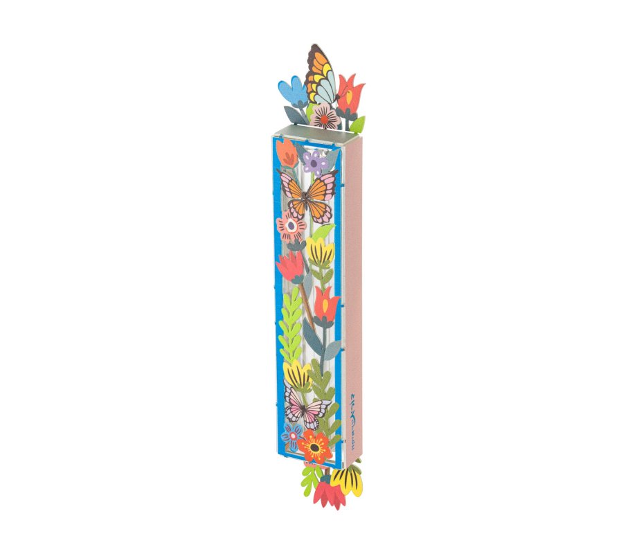 Acrylic Mezuzah Case, Multicolor Butterfly and Floral Design - Dorit Judaica
