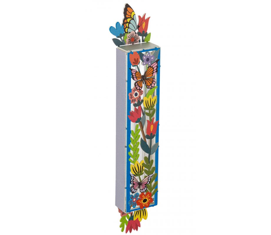 Acrylic Mezuzah Case, Multicolor Butterfly and Floral Design - Dorit Judaica