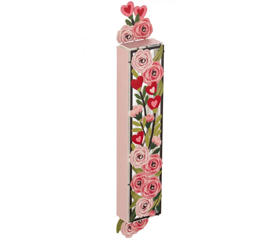 Acrylic Mezuzah Case, Pastel Floral and Hearts Design - Dorit Judaica