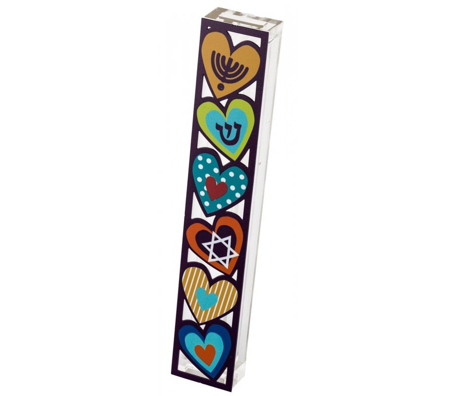 Acrylic Mezuzah Case with Colorful Heart Design - Dorit Judaica