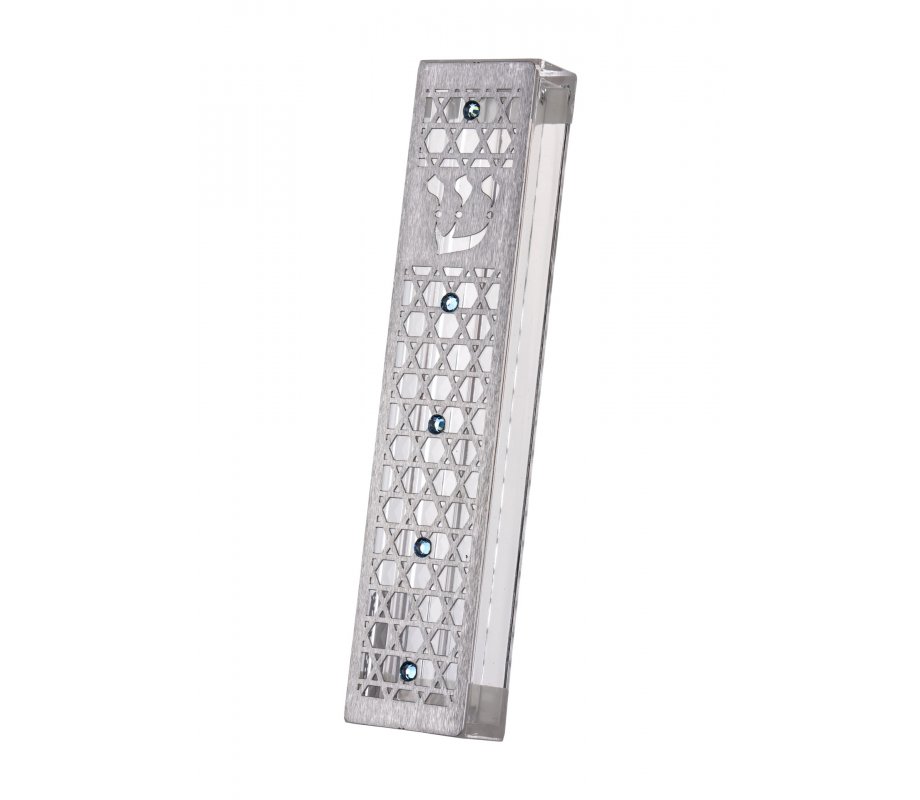 Acrylic Mezuzah Case with Cutout Stars of David, Blue Crystals - Dorit Judaica