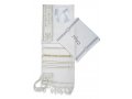 Acrylic Prayer Shawl Set White and Gold Stripes with Menorah and Bible Words  Ateret