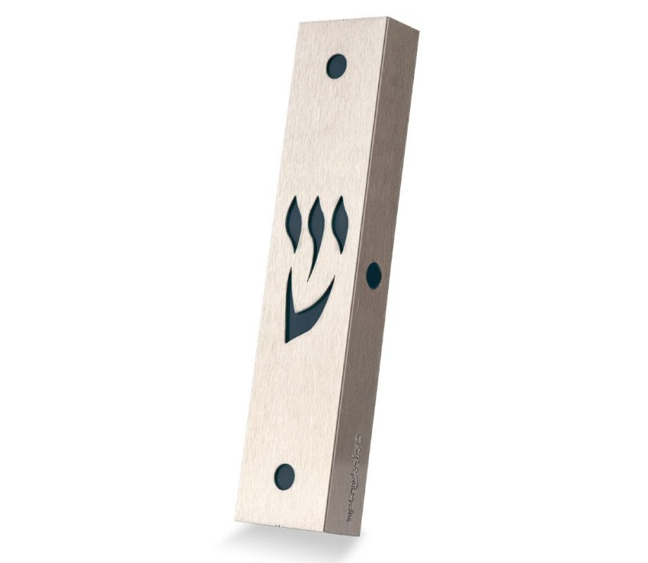 Acrylic Stainless Steel Mezuzah Case, Cutout Shin Letter in Green - Dorit Judaica