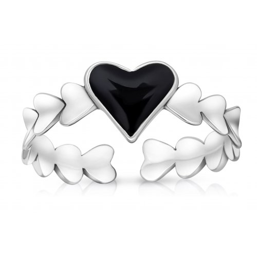 Adjustable Ring of Hearts with Black Heart in Center - Sterling Silver