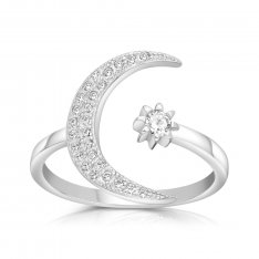 Adjustable Ring with Zircons, Star and Crescent Moon - Sterling Silver