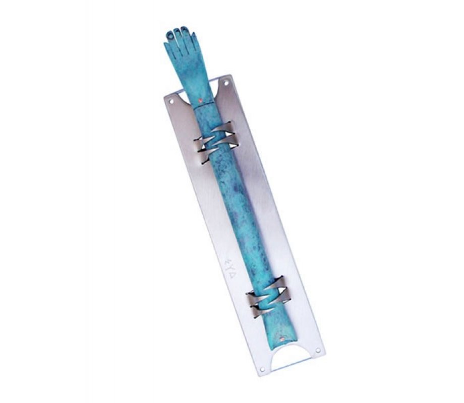 Alpaca Mezuzah Case Extended Hamsa Hand - Blue by Shraga Landesman
