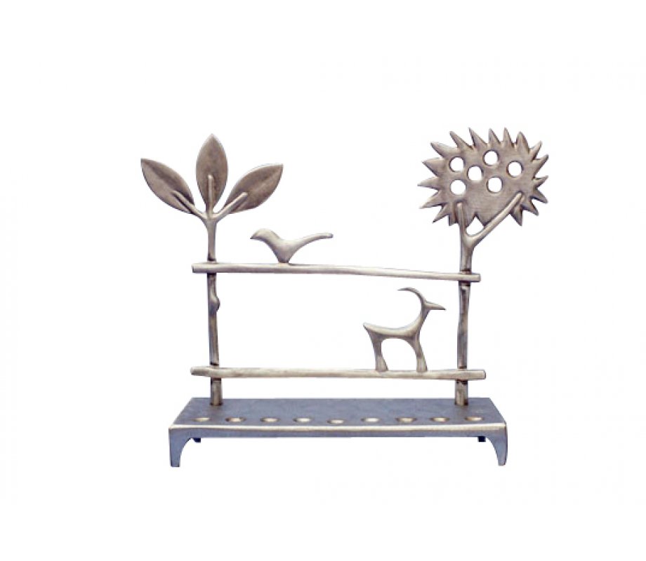 Aluminum Hanukkah Menorah - Trees and Deer by Shraga Landesman