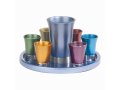 Aluminum Kiddush Goblet and Six Cups with Tray, Metallic Colors - Yair Emanuel