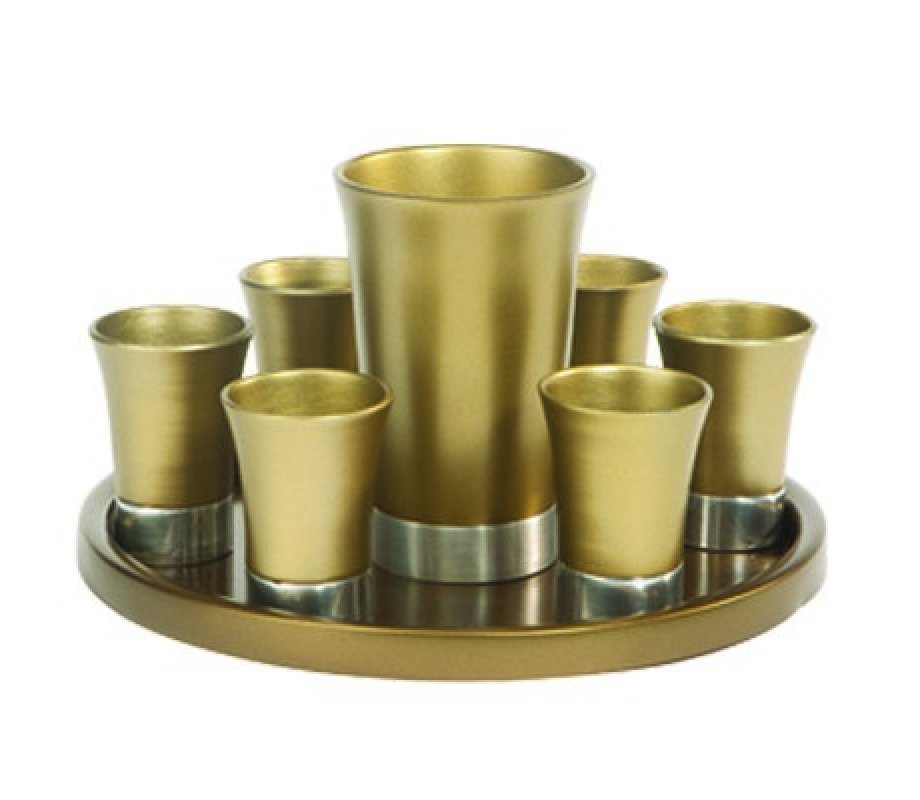 Aluminum Kiddush Goblet and Six Cups with Tray, Metallic Colors - Yair Emanuel