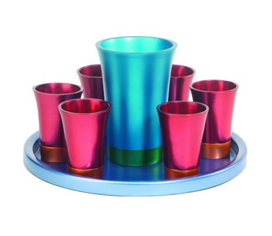 Aluminum Kiddush Goblet and Six Cups with Tray, Metallic Colors - Yair Emanuel