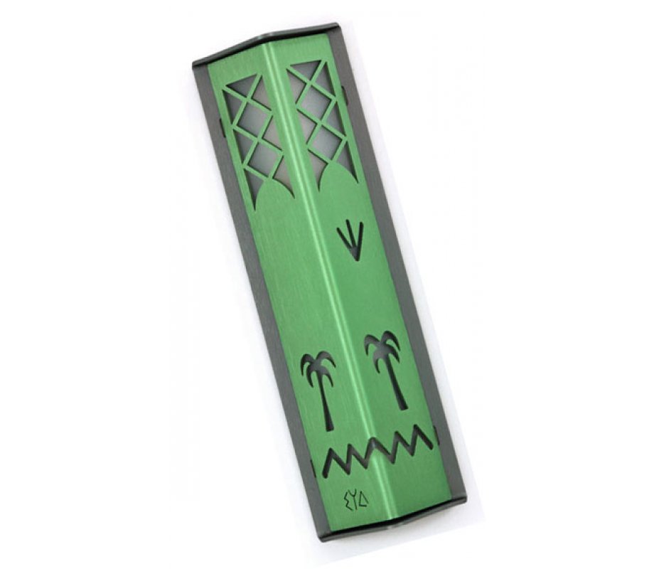 Angular Shiny Green Aluminum Mezuzah Case - Palm Tree Motif by Shraga Landesman