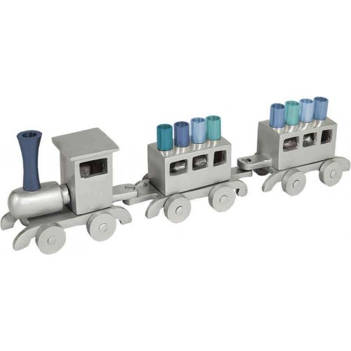 Anodized Aluminum Child's Train Hanukkah Menorah, Blue - Yair Emanuel