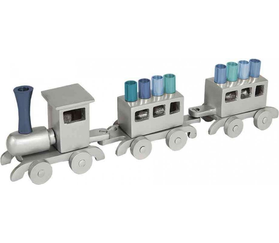 Anodized Aluminum Child's Train Hanukkah Menorah, Blue - Yair Emanuel
