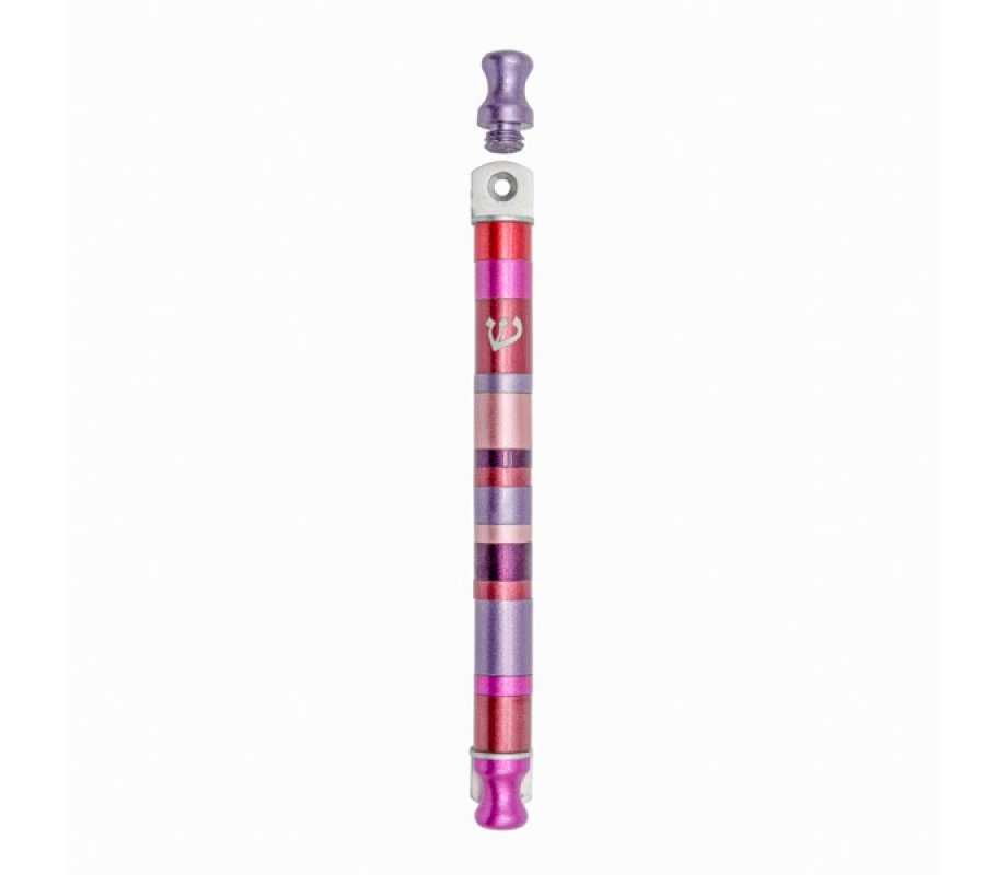 Anodized Aluminum Cylinder Mezuzah Case, Pink and Maroon Stripes -Yair Emanuel
