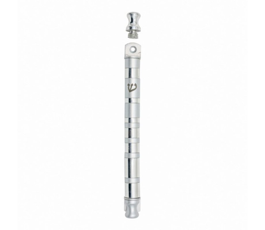 Anodized Aluminum Cylinder Mezuzah Case, Shiny and Matte Silver Stripes -Yair Emanuel
