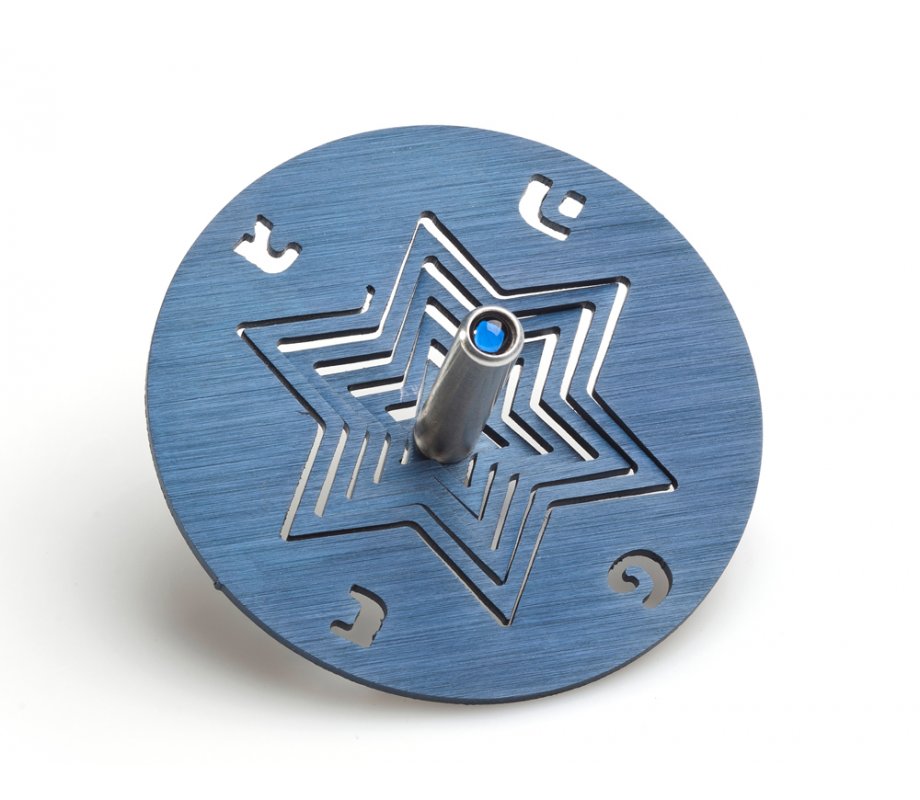 Anodized Aluminum Hanukkah Dreidel and Stand Star of David, Blue - Adi Sidler