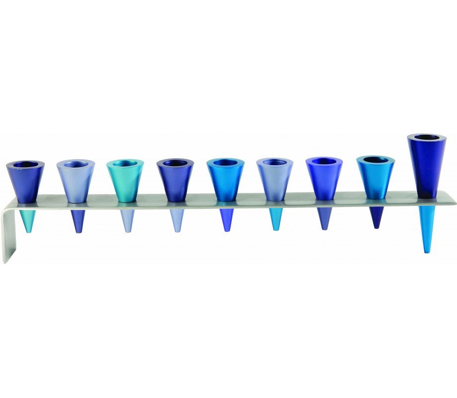 Anodized Aluminum Hanukkah Menorah, Cones - Shades of Blue by Yair Emanuel