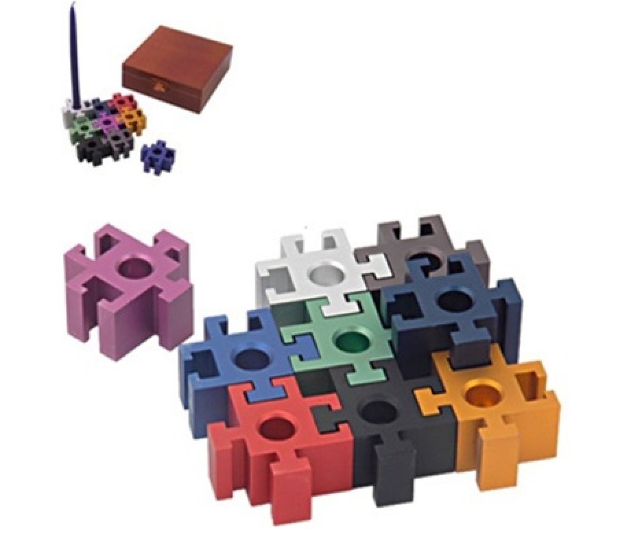 Anodized Aluminum Puzzle Pieces Chanukah Menorah, Colorful - Dabach Judaica