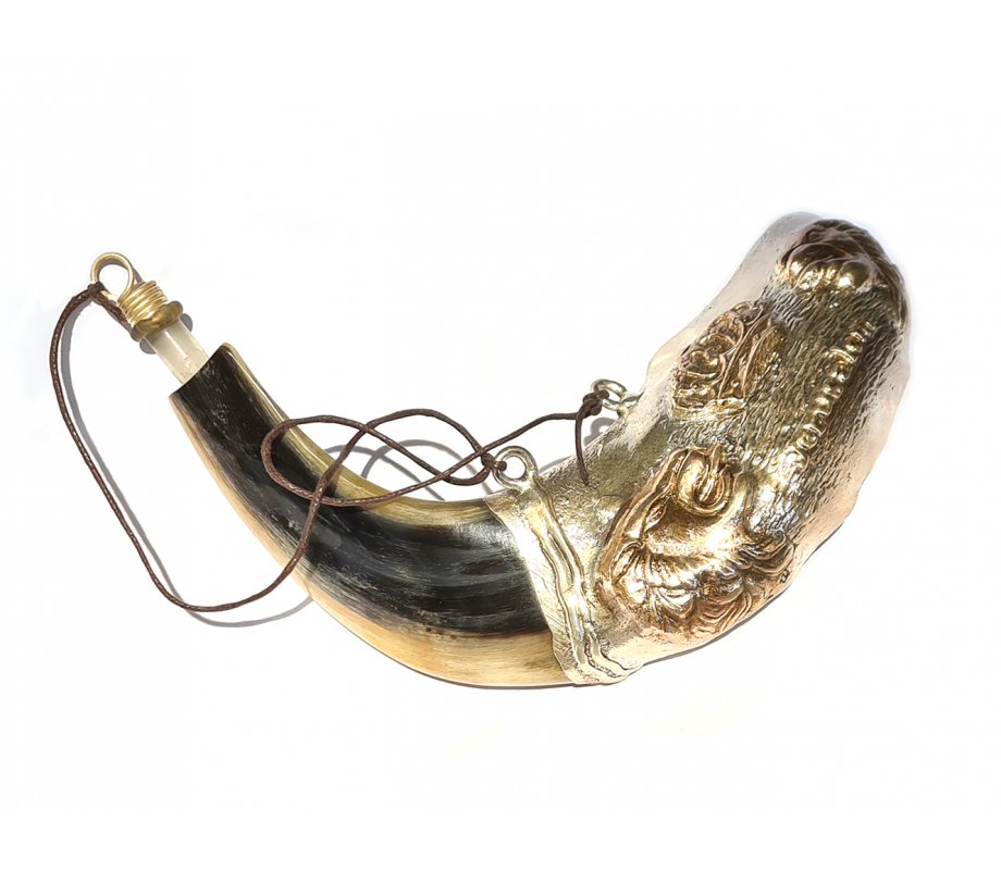 Anointing Rams Horn Shofar with Sterling Silver Lions Jerusalem